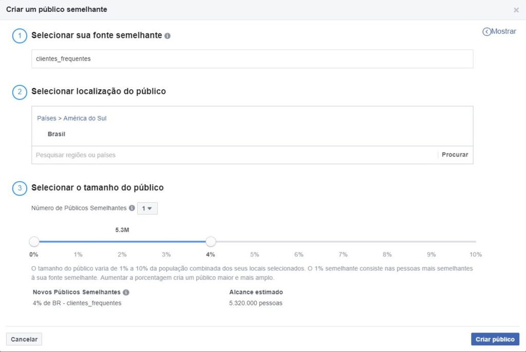 Imagem da área de criação de público alvo do Facebook Ads para hotel