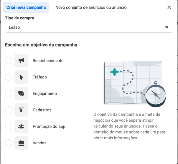 imagem tela escolhendo o objetivo de campanha no facebook ads