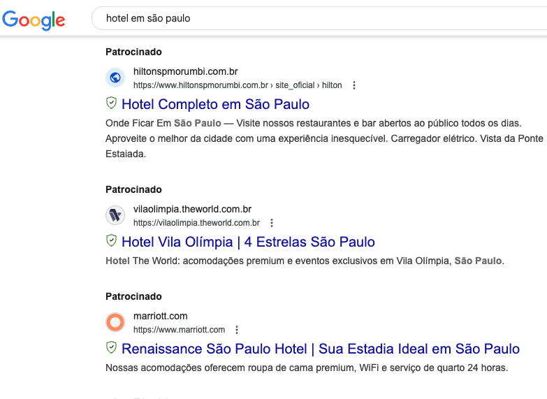 imagem do resultados de anúncios de hotéis que aparecem mo Google para o termo de busca "hotel em São Paulo"