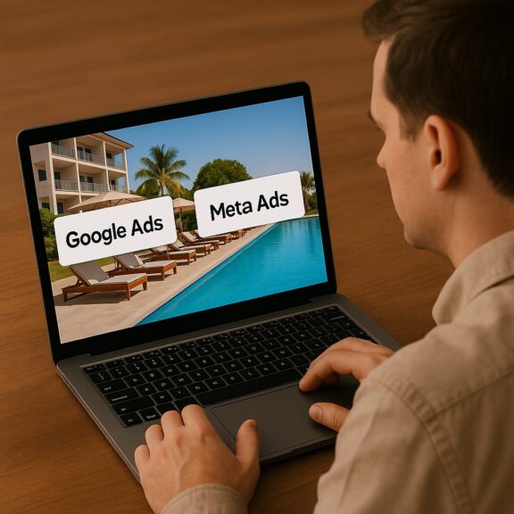 imagem da tela do computador de um hoteleiro escolhendo entre Meta Ads e Google Ads para hotéis
