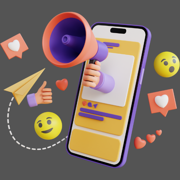 imagem em 3d de uma mão com megafone saindo de um celular simbolizando anúncios na internet para atrair clientes