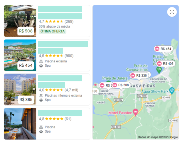 imagem Google Hotel Search mapa com resultados