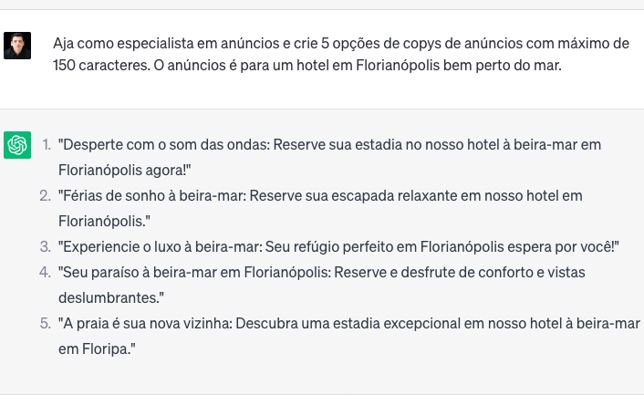 exemplo de copy para hotel criado com chatgpt