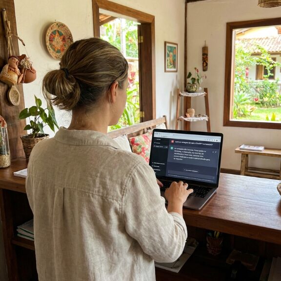 Imagem de uma proprietária de uma pousada usando o ChatGPT para a pousada