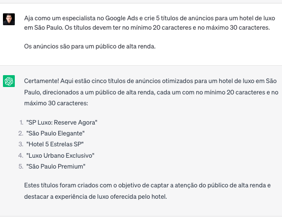 Exemplos de títulos de anuncios de google para hotel criado pelo chatgpt