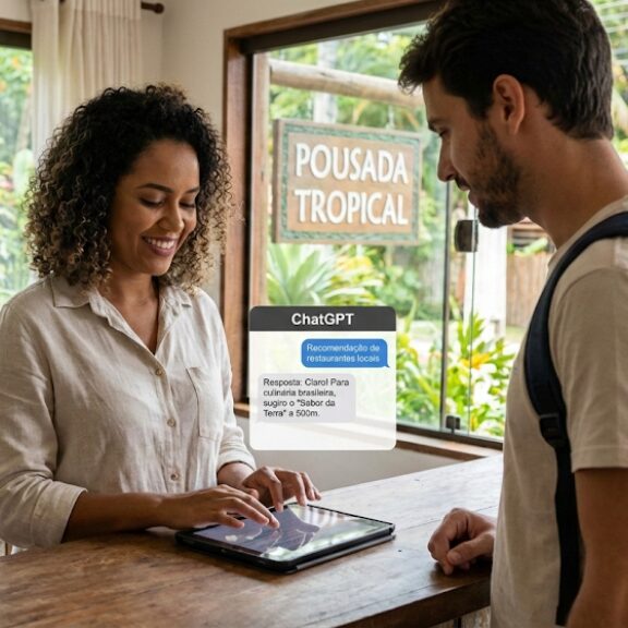Imagem de uma dona de uma pousada usando o ChatGPT na hotelaria para melhorar a experiência de um hóspede