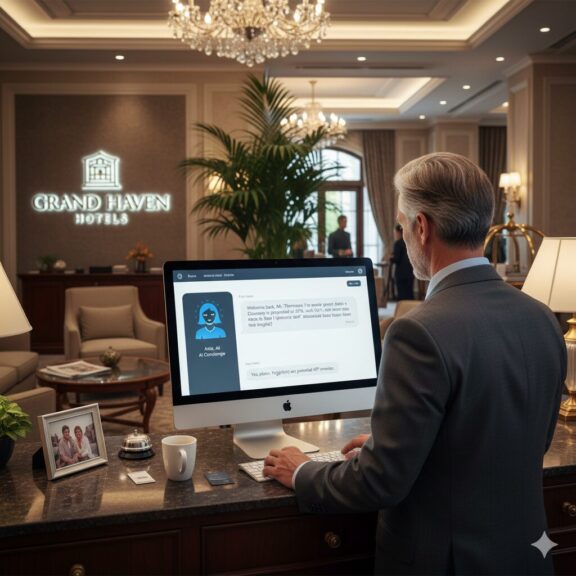 um hoteleiro usando um agente de inteligência artificial em seu hotel