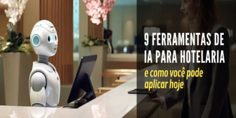 ferramentas de IA para hotelaria Robô em recepção de hotel com hóspede e destaque para ferramentas de IA para hotelaria.