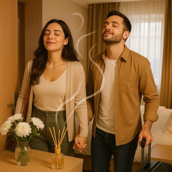 imagem de um casal entrando em um quarto de hotel que faz uso de estratégia de marketing olfativo na hotelaria