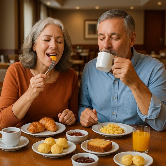 casal de hóspedes saboreando café da manhã no hotel evidenciando a estratégia de marketing sensorial na hotelaria