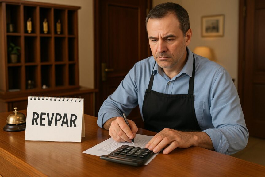 imagem de um hoteleiro calculando o RevPAR do seu hotel
