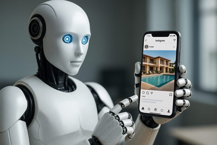 imagem de robô ensinando como criar conteúdo com IA na hotelaria