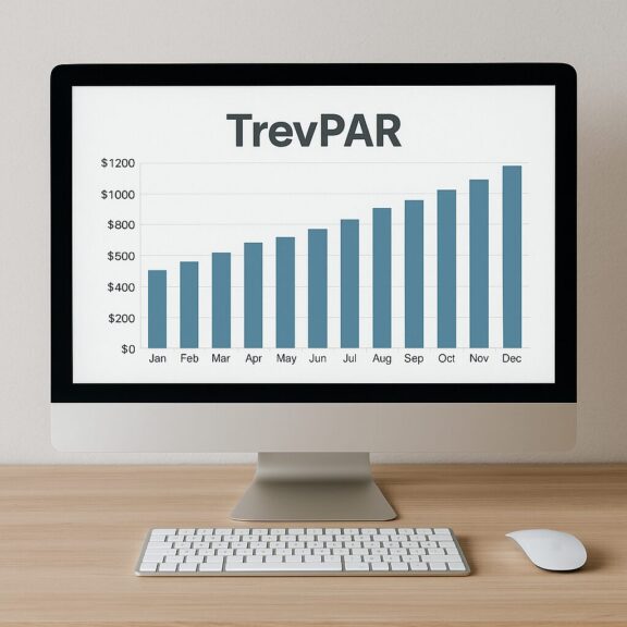 Tela de computador exibindo gráfico de barras com crescimento do TrevPAR mensal em um hotel.