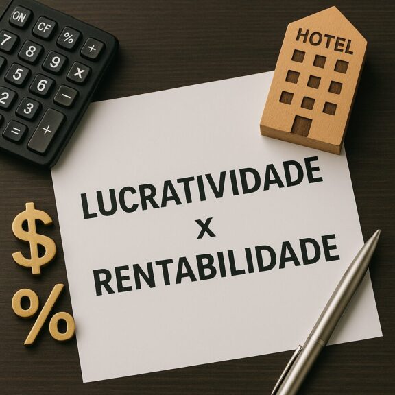 Mesa escura com folha escrita "Lucratividade x Rentabilidade na hotelaria", miniatura de hotel, símbolos financeiros, calculadora e caneta representando gestão financeira na hotelaria.