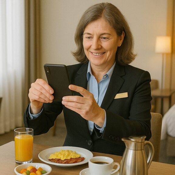 Hoteleira criando conteúdo para o hotel.