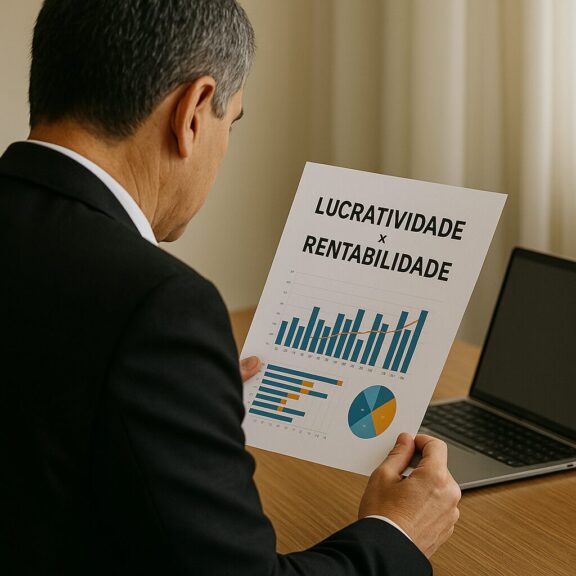 Hoteleiro analisando relatório "Lucratividade x Rentabilidade" com gráficos em ambiente de escritório iluminado.