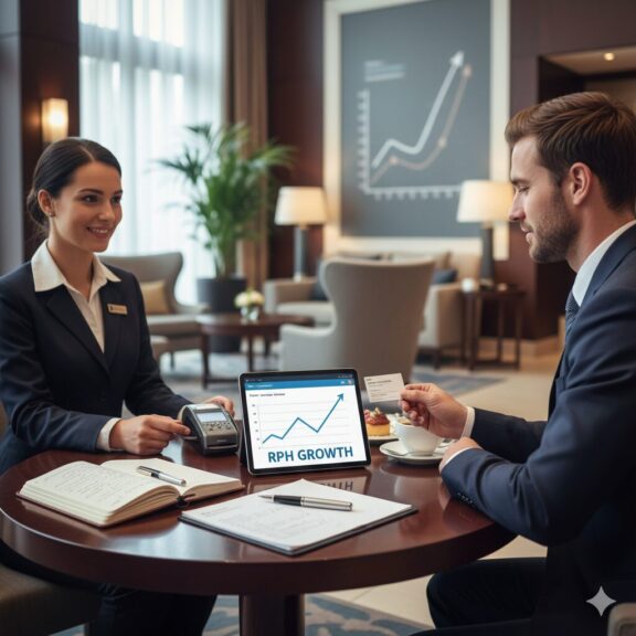 Dois hoteleiros olhando a receita gerada por cada hóspede do hotel