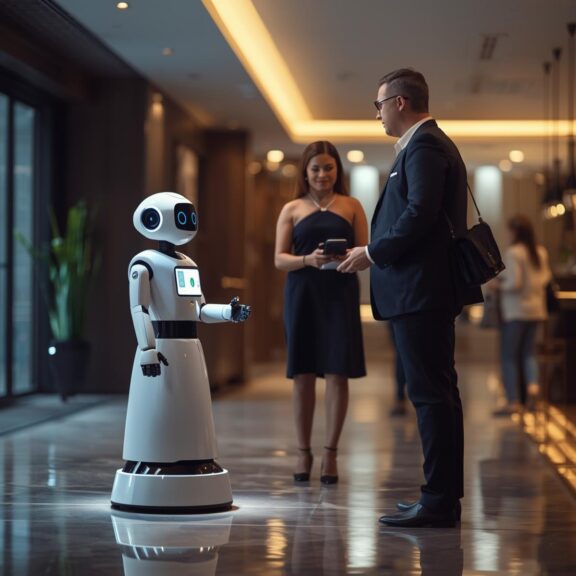 imagem de um robô com IA sendo usado em hotel