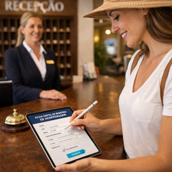 Imagem de uma hóspede preenchendo a nova ficha digital de registro de hóspede do Brasil.