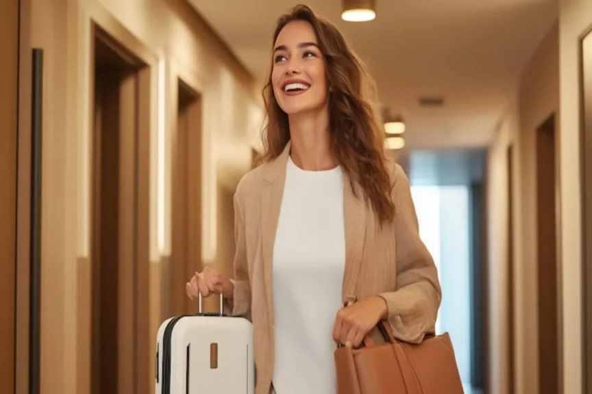 Fidelização de clientes hotel com hóspede no corredor