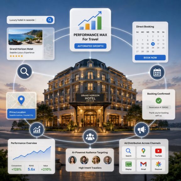 imagem explicando a ferramenta do Google Performance Max para Hotéis