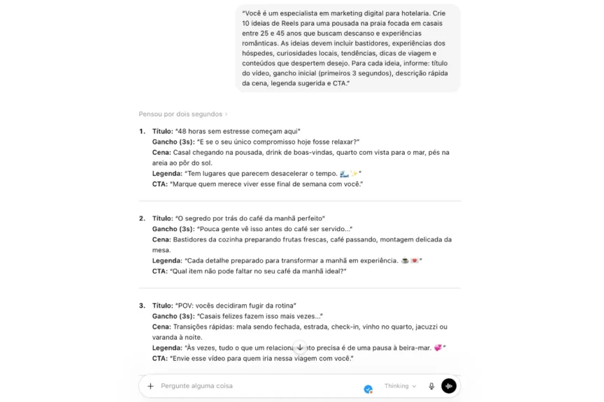 Prompt de criar post para hotelaria com ideias de conteúdo para pousada, incluindo títulos, ganchos, cenas, legendas e CTAs.
