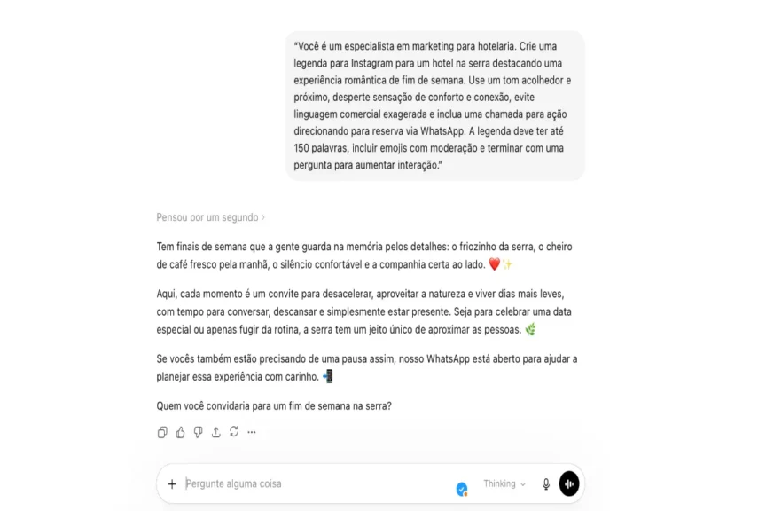Prompt de criar post para hotelaria no ChatGPT, com exemplo de legenda para hotel na serra e tom acolhedor.