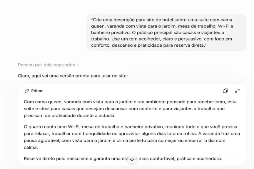 Print de tela com exemplo de IA para descrever quarto de hotel, mostrando um prompt sobre suíte com cama queen e resposta gerada para site.