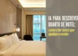 IA para descrever quarto de hotel com imagem de quarto moderno e texto sobre criação de descrições que ajudam a vender.