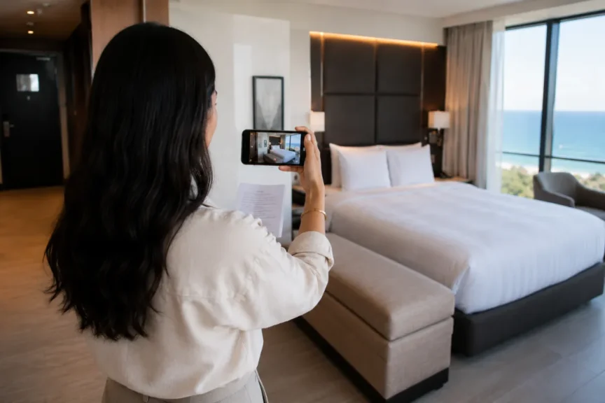 Pessoa gravando um quarto de hotel com celular enquanto segura um roteiro de vídeo para hotel.