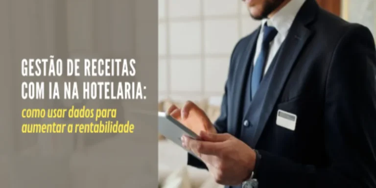 Gestão de receitas com IA na hotelaria Gestão de receitas com IA na hotelaria realizada por profissional que analisa dados em um tablet.