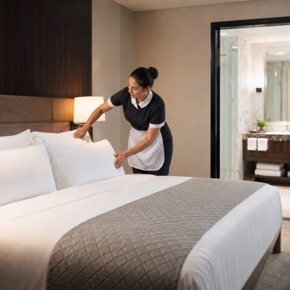 Imagem de uma camareira limpando um quarto de hotel