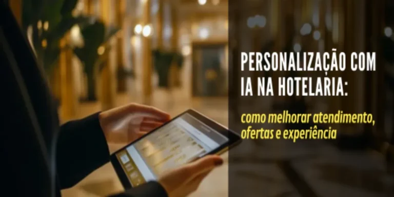 personalização com IA na hotelaria (1) Profissional usando tablet em hotel, representando a personalização com IA na hotelaria.